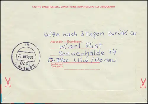 Autriche Aerogrammes LF 22 SSt Vol spécial Vienne-Berlin avec INTERFLUG 15.6.1988