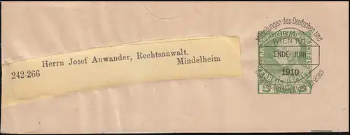 Autriche Streifband Prévalation D.Ö.A.V. VIENNE Fin juin 1910 sur 5 Heller