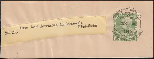 Österreich Streifband Vorausentwertung D.Ö.A.V. WIEN Ende Juni 1910 auf 5 Heller