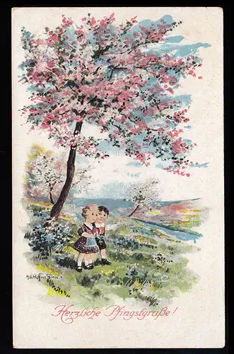 AK Pfingstgrüße - Kinder in Frühlingslandschaft, Feldpost ALTENA (WESTF) 17.5.18