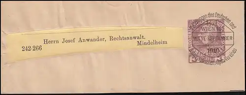 Autriche Streifband S 8 Préévaluation D.Ö.A.V. WIENNE mi-septembre 1910
