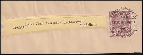 Österreich Streifband S 8 Vorausentwertung D.Ö.A.V. WIEN Mitte September 1910