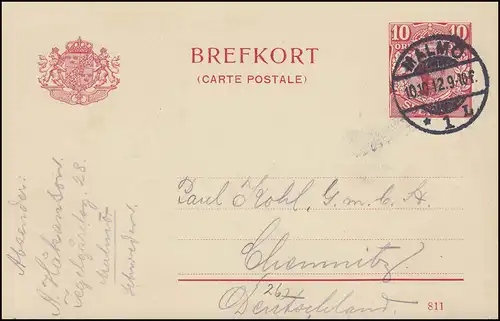 Postkarte P 30 BREFKORT König Gustav 10 Öre DV 811, MALMÖ 10.10.12 nach Chemnitz
