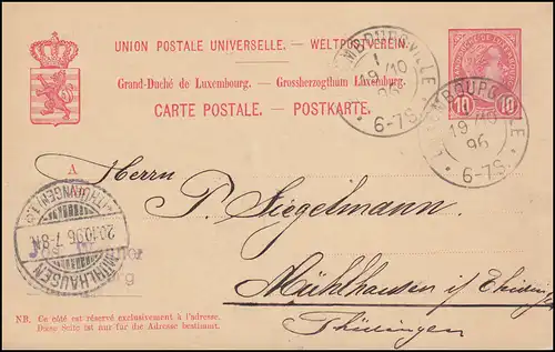 Luxembourg Carte postale P 54 LUXEMBOURG-VILLE 19.10.1896 n. MÜHLHUSEN/THUR. 20.10.