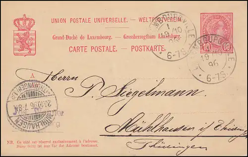 Luxemburg Postkarte P 54 LUXEMBOURG-VILLE 19.10.1896 n. MÜHLHAUSEN/THÜR. 20.10.