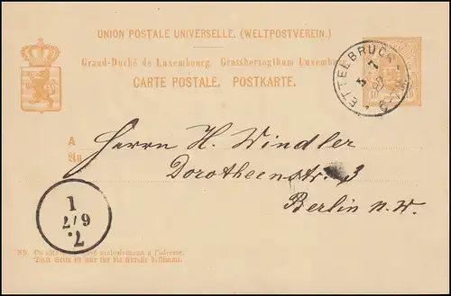 Luxembourg Carte postale P 32 ETTELBRUCK 5.7.1882 vers BERLIN Encercle "7-6.7-I"
