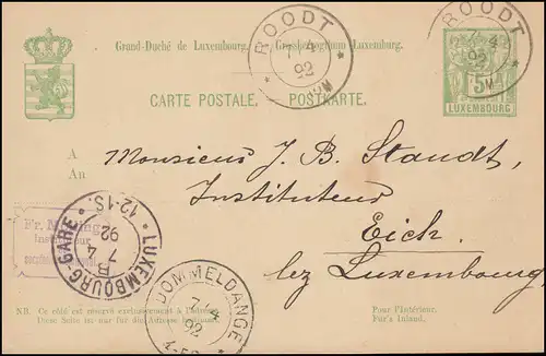 Luxemburg Postkarte P 49bII ROODT 7.4.92 über LUXEMBOURG / DOMMELDANGE nach Eich