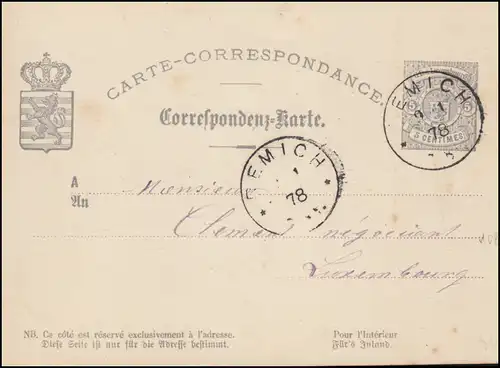 Luxemburg Postkarte P 20 EMICH 9.1.1878 nach LUXEMBURG 9.1.1878