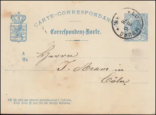 Luxemburg Postkarte P 23 LUXEMBURG 3.6.1878 nach Cöln / Köln
