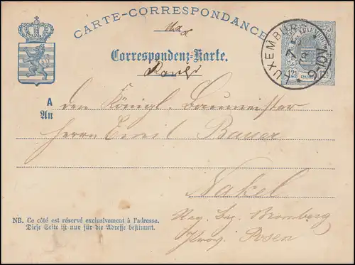 Luxemburg Postkarte P 15 LUXEMBURG 7.5.1878 nach Nakel / Bromberg