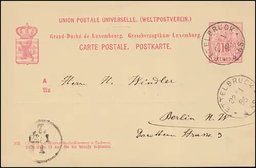 Luxembourg Carte postale P 50I ETTELBRUCK 22.1.1886 vers BERLIN en cercle "7.-24/1-I"