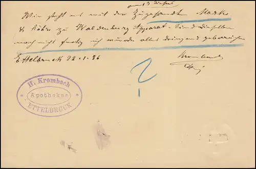 Luxembourg Carte postale P 50I ETTELBRUCK 22.1.1886 vers BERLIN en cercle "7.-24/1-I"