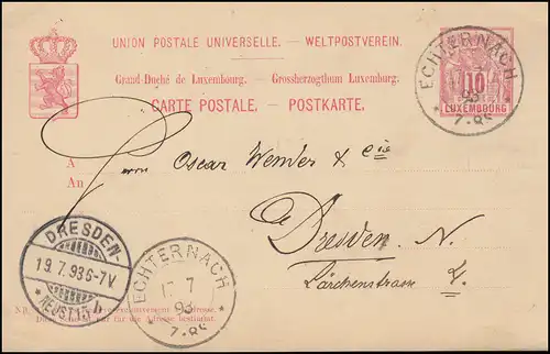 Luxembourg Carte postale P 50II ENTRÉE 17.7.1893 vers DRESDEN-NEUST. 15b 19.7.93