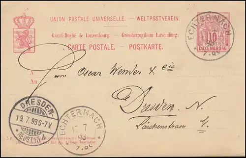 Luxemburg Postkarte P 50II ECHTERNACH 17.7.1893 nach DRESDEN-NEUST. 15b 19.7.93