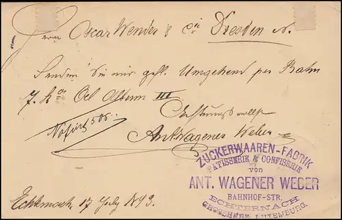 Luxembourg Carte postale P 50II ENTRÉE 17.7.1893 vers DRESDEN-NEUST. 15b 19.7.93