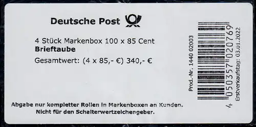 3652 Brieftaube 85 Cent selbstklebend BANDEROLE für 4 Markenboxen, Type Ia OHNE