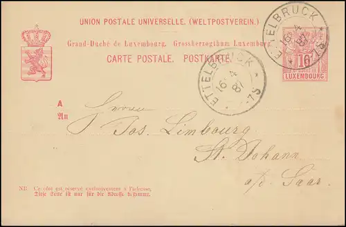 Luxembourg Carte postale P 50I ETTELBRUCK 16.4.1887 vers St. Johann / Saar