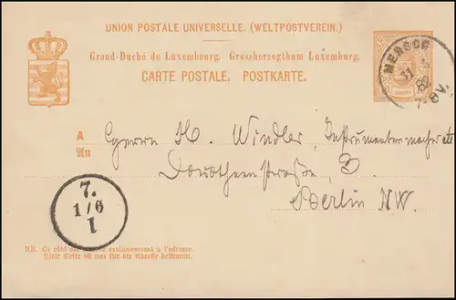 Luxemburg Postkarte P 32 MERSCH 31.5.1882 nach BERLIN Einkreis "7-1.6. I"