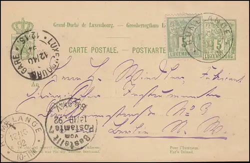 Luxembourg Carte postale P 49bII RUMELANGE 12.10.1892 vers BERLIN via LUXEMBOURG