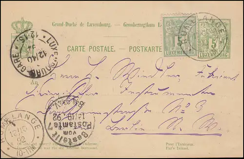 Luxemburg Postkarte P 49bII RUMELANGE 12.10.1892 nach BERLIN über LUXEMBOURG