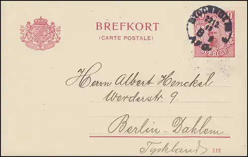 Postkarte P 30 BREFKORT König Gustav mit DV 112, STOCKHOLM 22.12.13 nach Berlin