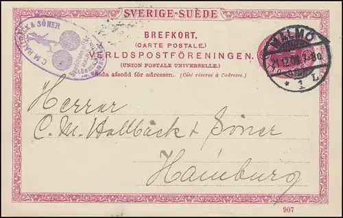 Carte postale P 25 SVERIGE-SUEDE avec DV 907, MALMÖ 21.12.1908 à Hambourg