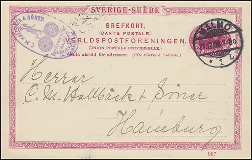 Postkarte P 25 SVERIGE-SUEDE mit DV 907, MALMÖ 21.12.1908 nach Hamburg