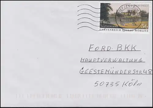 2277 UNESCO Dessau-Wörlitz - selbstklebend, EF Brief Briefzentrum 50 - 3.4.03