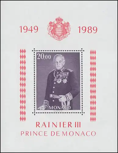 Monaco Block 43 Thronjubiläum Fürst Rainer III. 1989  ** / MNH