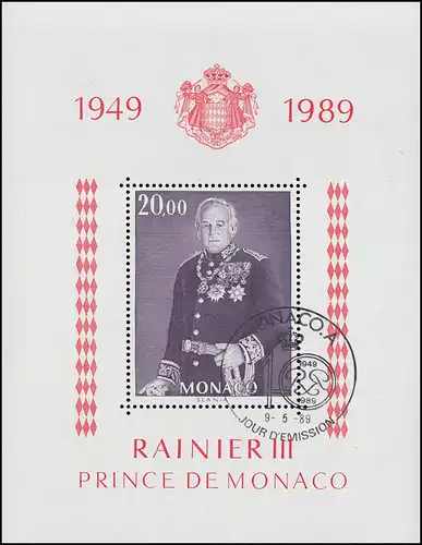 Monaco Block 43 Thronjubiläum Fürst Rainer III. 1989, ESSt MONACO 9.5.89