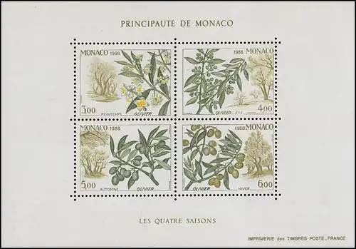Monaco Bloc 41 Les quatre saisons: Branche d'olives 1988 ** / MNH