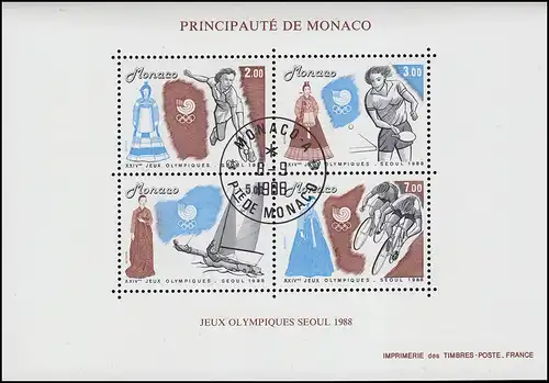 Monaco Block 40 Olympische Sommerspiele Seoul 1988, ET-O MONACO 8.9.88