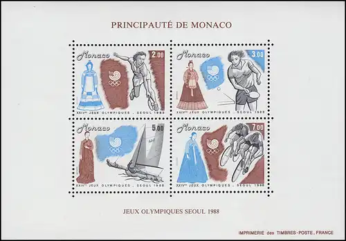 Monaco Block 40 Jeux olympiques d'été de Séoul 1988 ** / MNH