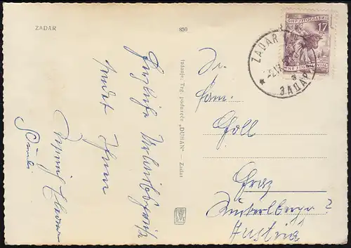 AK Yougoslavie: Eglise de Zadar avec EF 760, ZADAR 2.9.1957 à Graz/Autriche
