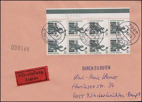 1341 SWK 60 Pf als Rand-8er-Block mit 2 BZN MeF Eil-FDC ET-O NETTETAL 6.11.1987