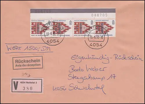 1623 SWK 450 Pf als Rand-4er-Streifen mit 2 BZN MeF FDC ET-O NETTETAL 13.8.1992