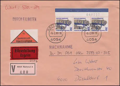 1407 SWK 350 Pf en bande de 3 bandes avec 2 BZN MeF FDC ET-O NETTETAL 9.2.1989