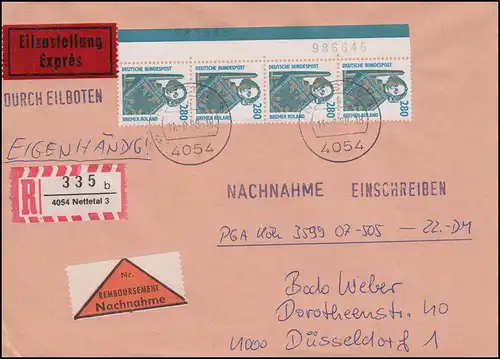 1381 SWK 280 Pf als Rand-4er-Streifen mit 2 BZN MeF FDC ET-O NETTETAL 11.8.88