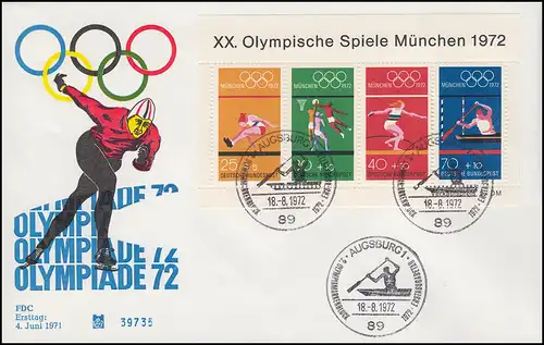 Block 8 Olympia München 1972 auf Schmuck-FDC ESSt Augsburg Kajak 18.8.72