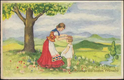 AK Nom: Mère fille couronne de fleurs dans la campagne, PREDING 15.1.1942