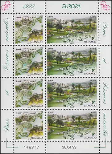 Monaco 2454-2455 Union européenne: Parcs naturels et nationaux 1999, Petite feuille ** / MNH