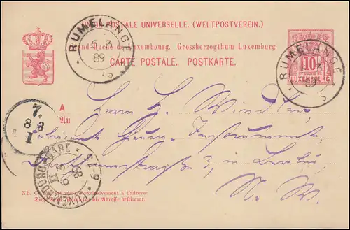Luxemburg Postkarte P 50I RUMELANGE 6.3.1889 über LUXEMBOURG n. BERLIN 8.3.89