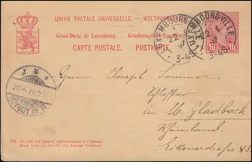 Luxembourg Carte postale P 54 LUXEMBOURG-VILLE 22.4.1897 vers MÖNCHENNGLADBACH 23.4.
