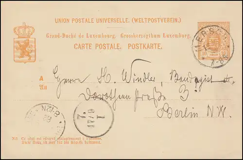 Luxemburg Postkarte P 32 MERSCH 15.9.1882 über LUXEMBOURG nach BERLIN