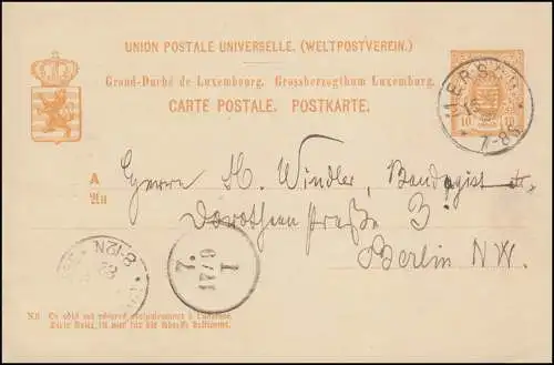 Luxemburg Postkarte P 32 MERSCH 15.9.1882 über LUXEMBOURG nach BERLIN