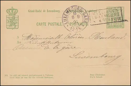 Luxemburg Postkarte P 49bII Rahmen-O ULFLINGEN 8.8.1891 n. LUXEMBOURG-GARE 8.8.
