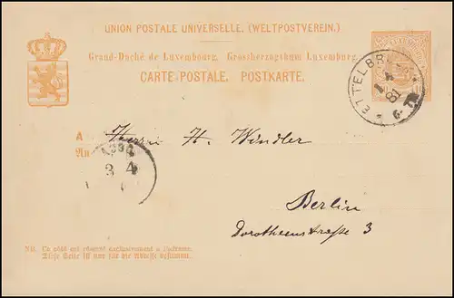 Luxembourg Carte postale P 32 ETTELBRUCK 1.4.1881 vers BERLIN Encerclement AUSG 3.4.