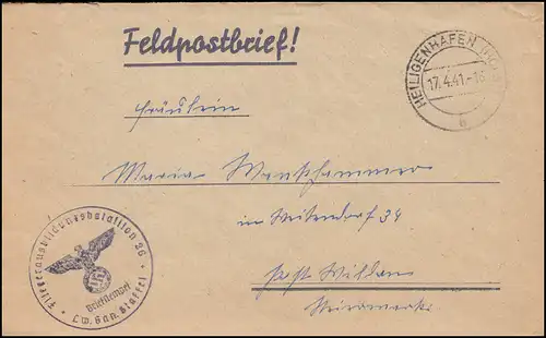 Lettre de position BS Courrier de formation aérienne 26 Lw.San. Saffel, HEILIGENHAFF 17.4.41