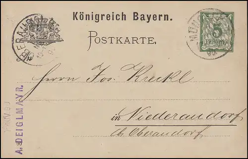 Bayern P 38/01 Ziffer 5 Pf grün DV 90: MÜNCHEN III. 7.11.90 nach Niederaudorf