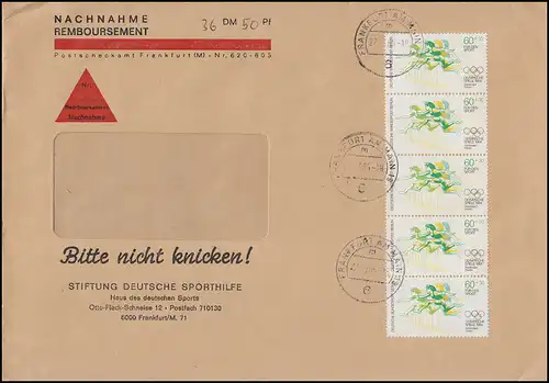 716 Olympia Hürdenlauf: 5er-Streifen als MeF auf NN-Brief FRANKFURT/MAIN 27.3.85